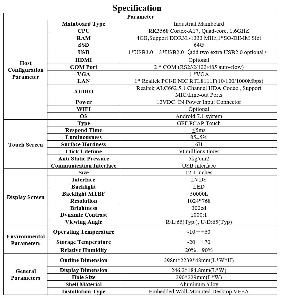 12.1" inch RK3568 All in One Android Panel PC GFFHUB Series