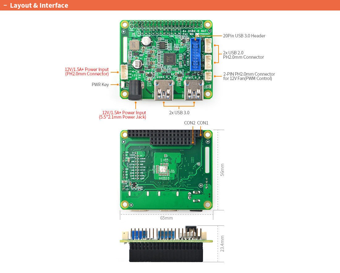 PCIe to USB 3.0 x4 HAT for M4